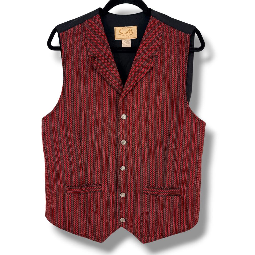 Scully Mens Western Vest Size Medium Red Black Geometric Cotton Button Front